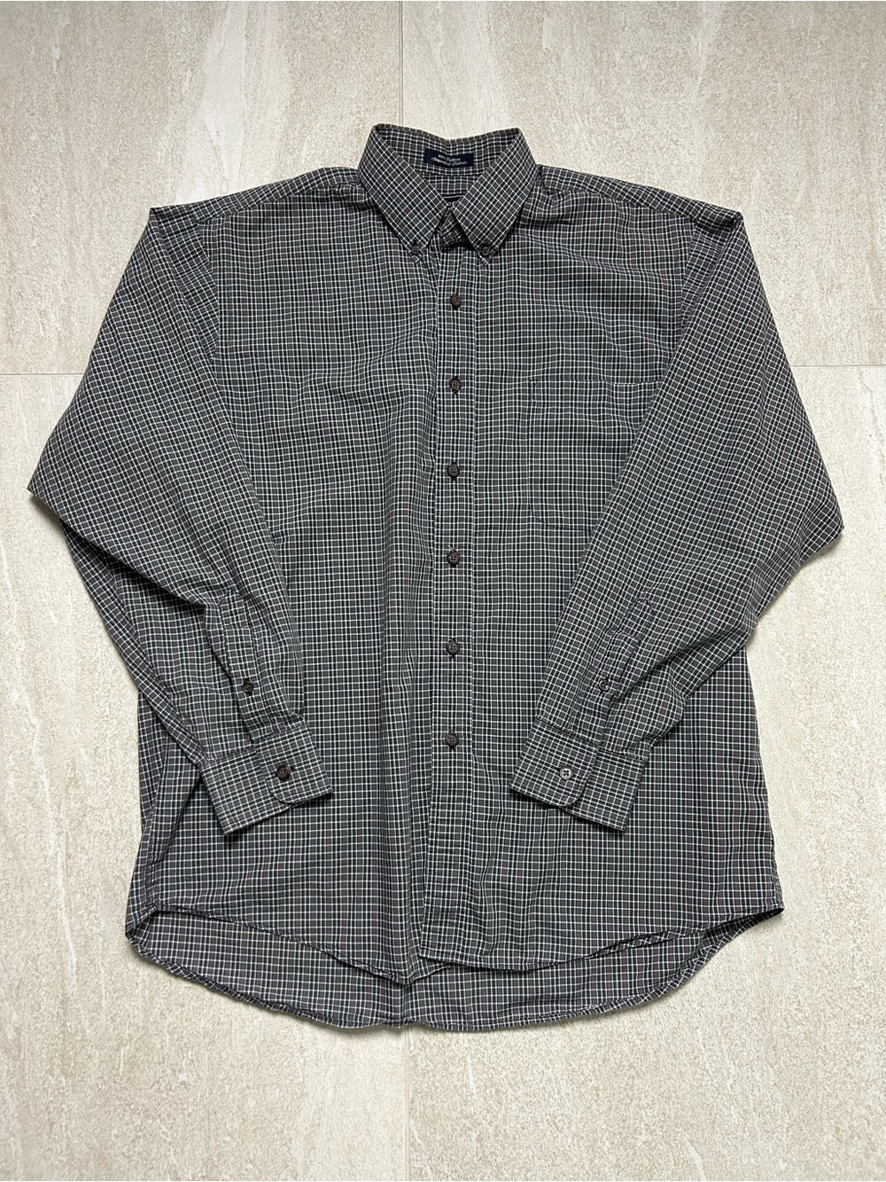 VINTAGE BURBERRY DARK GREY PLAID BUTTON DOWN SHIRT MENS LARGE EXCELLENT COND